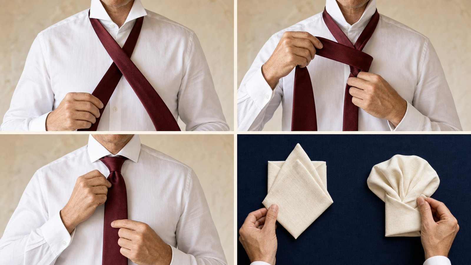 Cravates et pochettes. Choisissez largeur, nœud, matière et motif de cravate selon la veste et l’occasion.
