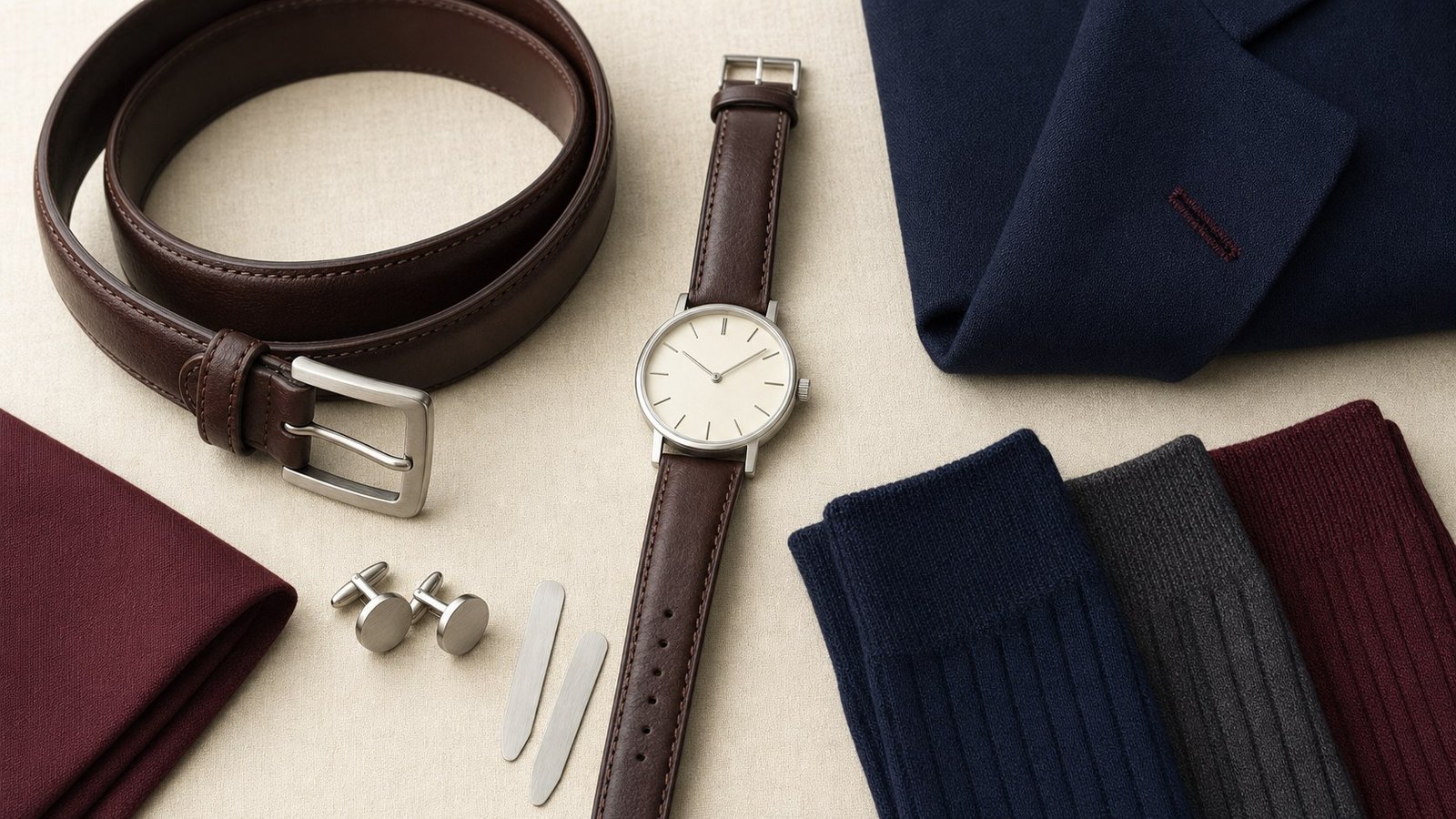 Montres, métaux et bijoux. Adaptez l’échelle des bijoux et de la montre à la personne, au poignet de chemise et au cadre professionnel.