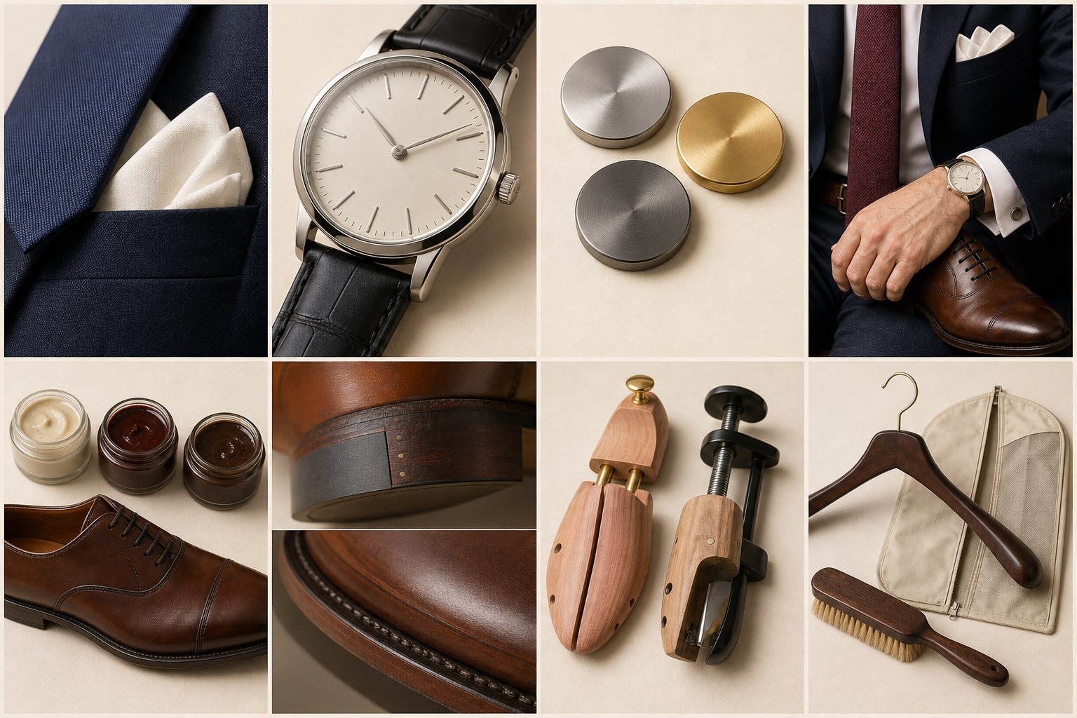 Studio visivo didattico: Termini di accessori, abbigliamento & cura. Primi piani di accessori reali; dettagli di orologio e metallo; primi piani di strumenti e tecniche di cura; schede visive termine-oggetto