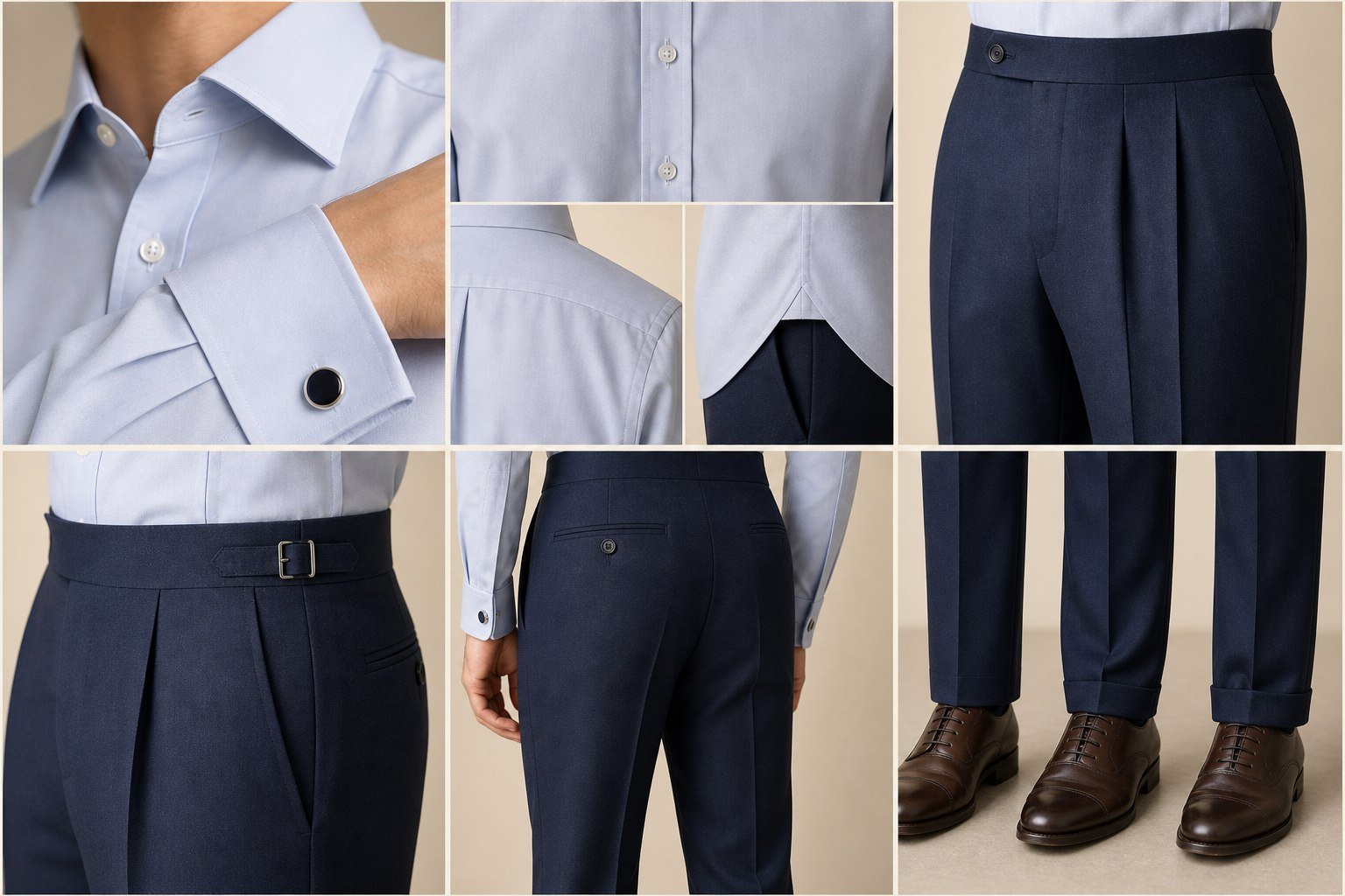 Visual teaching study: Shirt & Trouser Terms. Accurate collar and cuff close-ups; Shirt-construction details; Annotated trouser details