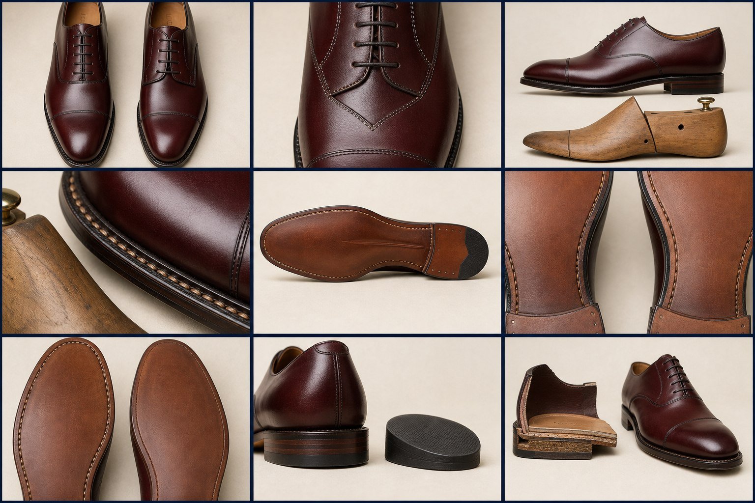 Studio visivo didattico: Termini di scarpe & calzoleria. Primi piani della scarpa intera e in sezione; annotazioni accurate dei componenti; dettagli di suola, tacco e vita